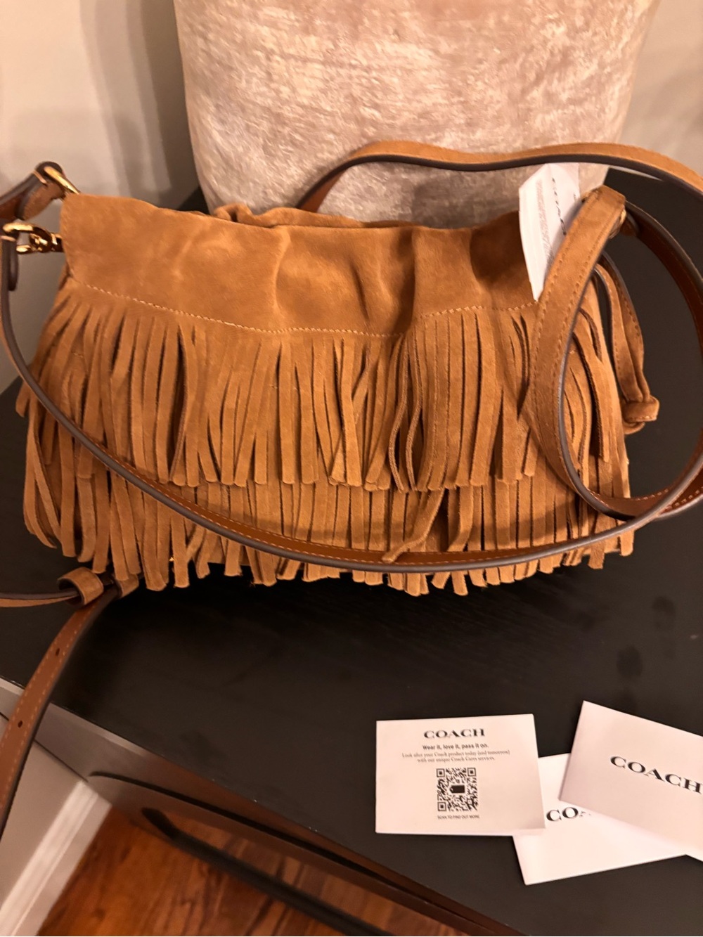 Authentic Faye Fringe Suede Shoulder Top Handle Crossbody Bag Cedar - Picture 9 of 12